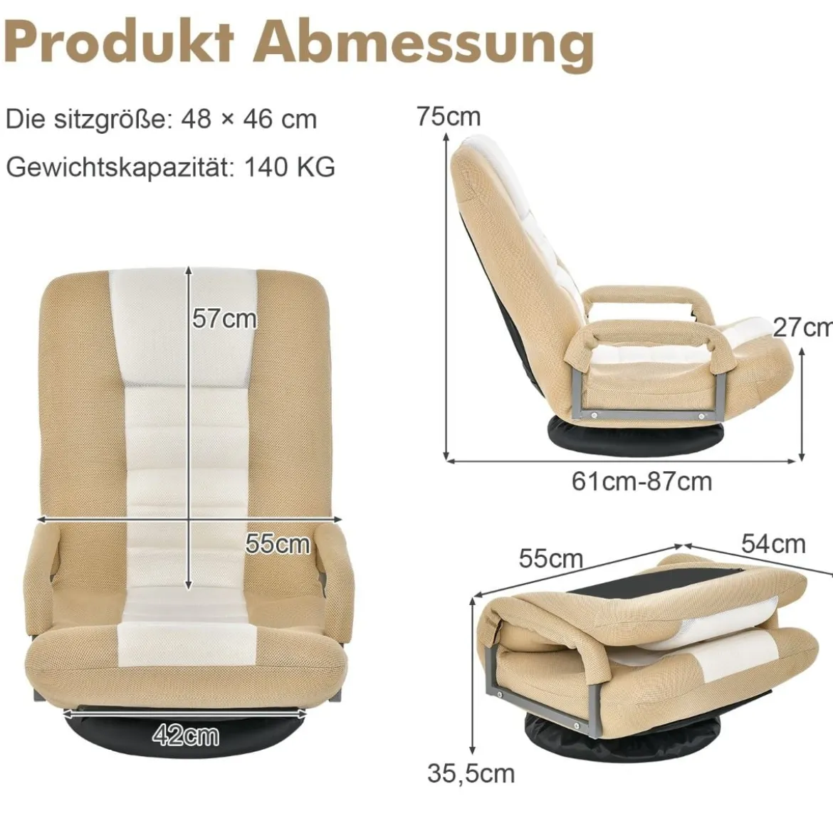 360° Drehbarer Bodenstuhl mit 6-Fach Verstellbarer Rückenlehne Bodensessel Beige