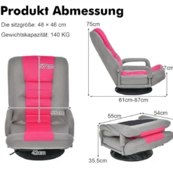 360° Drehbarer Bodenstuhl mit 6-Fach Verstellbarer Rückenlehne Armlehne Bodensessel Rosa