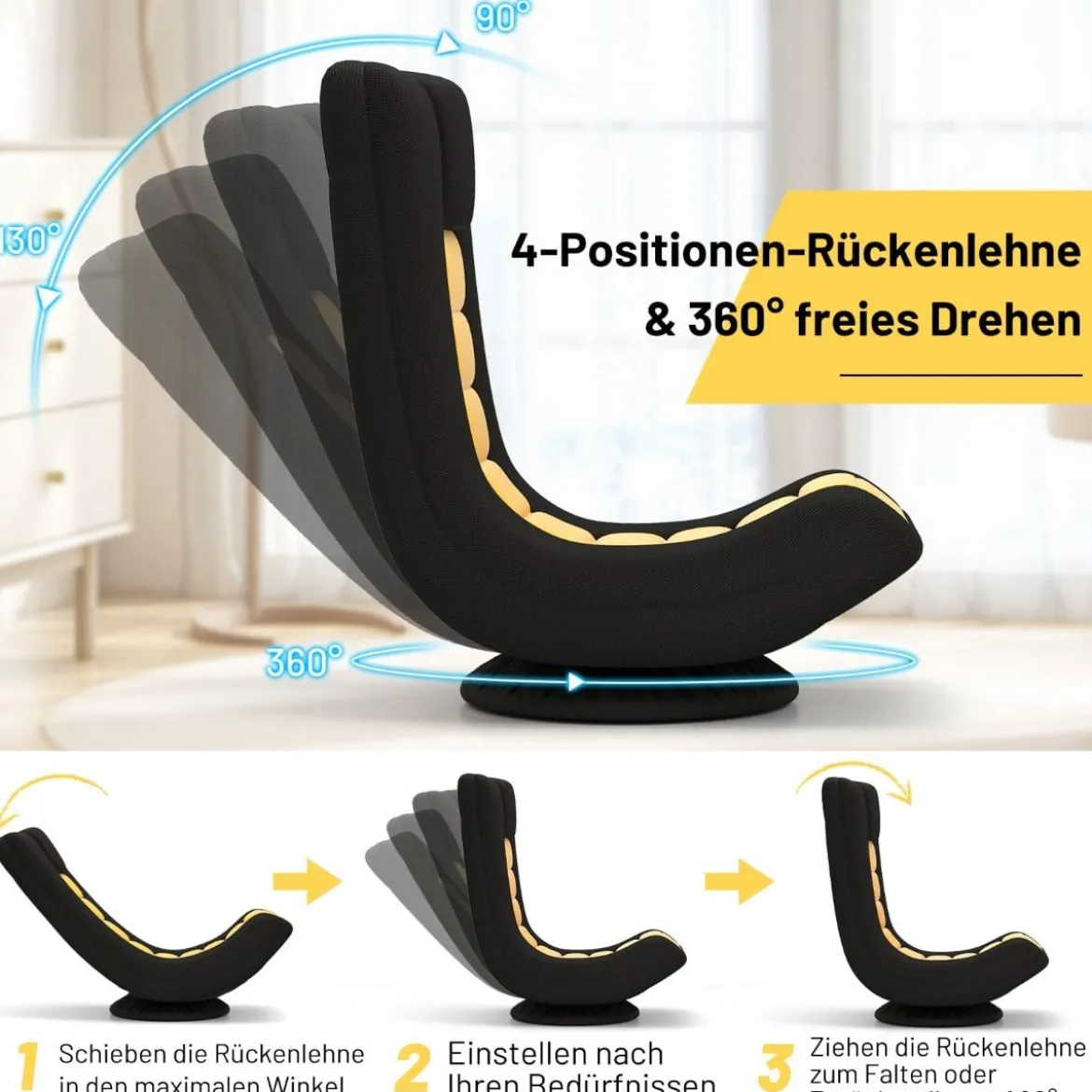 360° Drehbarer Bodenstuhl mit Verstellbarer Rückenlehne klappbares Bondensofa Gelb