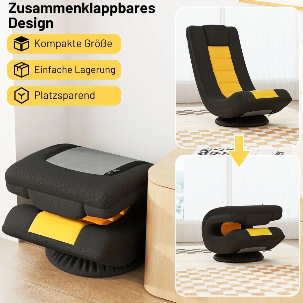 360° Drehbarer Bodenstuhl mit Verstellbarer Rückenlehne klappbares Bondensofa Gelb