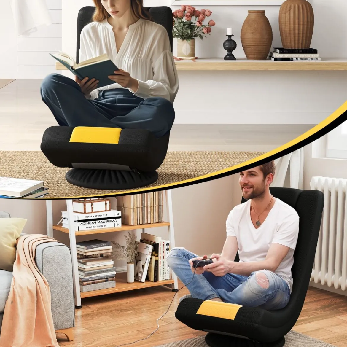 360° Drehbarer Bodenstuhl mit Verstellbarer Rückenlehne klappbares Bondensofa Gelb