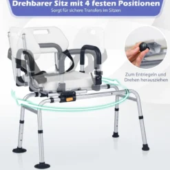Drehbarer Duschhocker gleitbare Duschbank mit Griffen Sicherheitsgurt Weiß