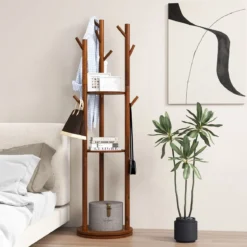 Drehbarer Garderobenständer Holz Mantelständer mit 3 Ablagefächern & 9 Haken für Mäntel 42 x 167 cm Walnuss