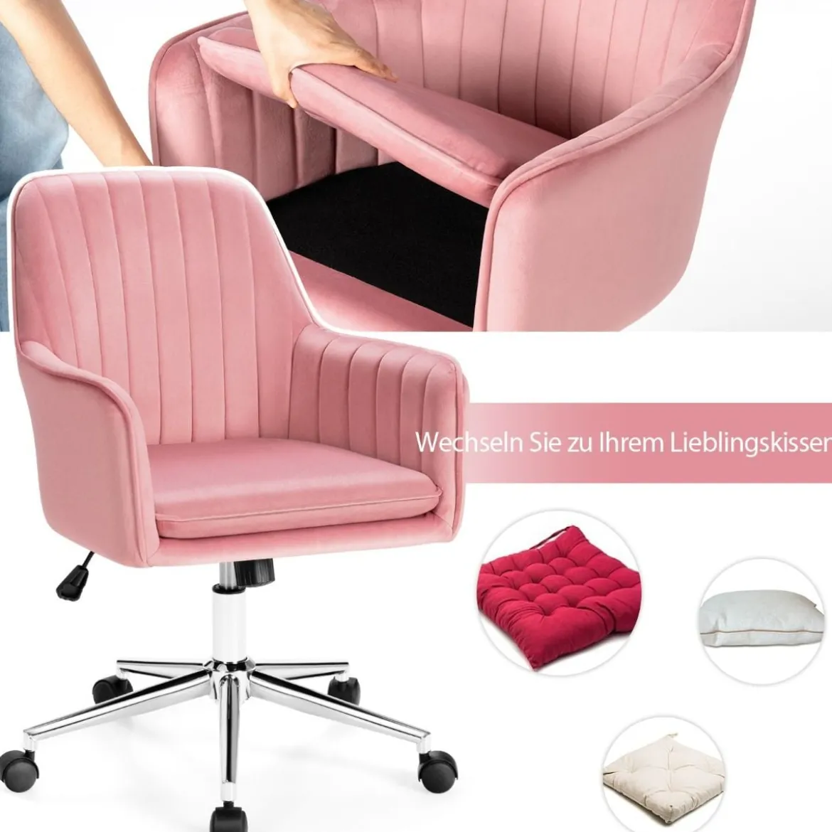 360° Drehbarer Kosmetikstuhl Freizeit-Bürostuhl mit Armlehnen Rosa