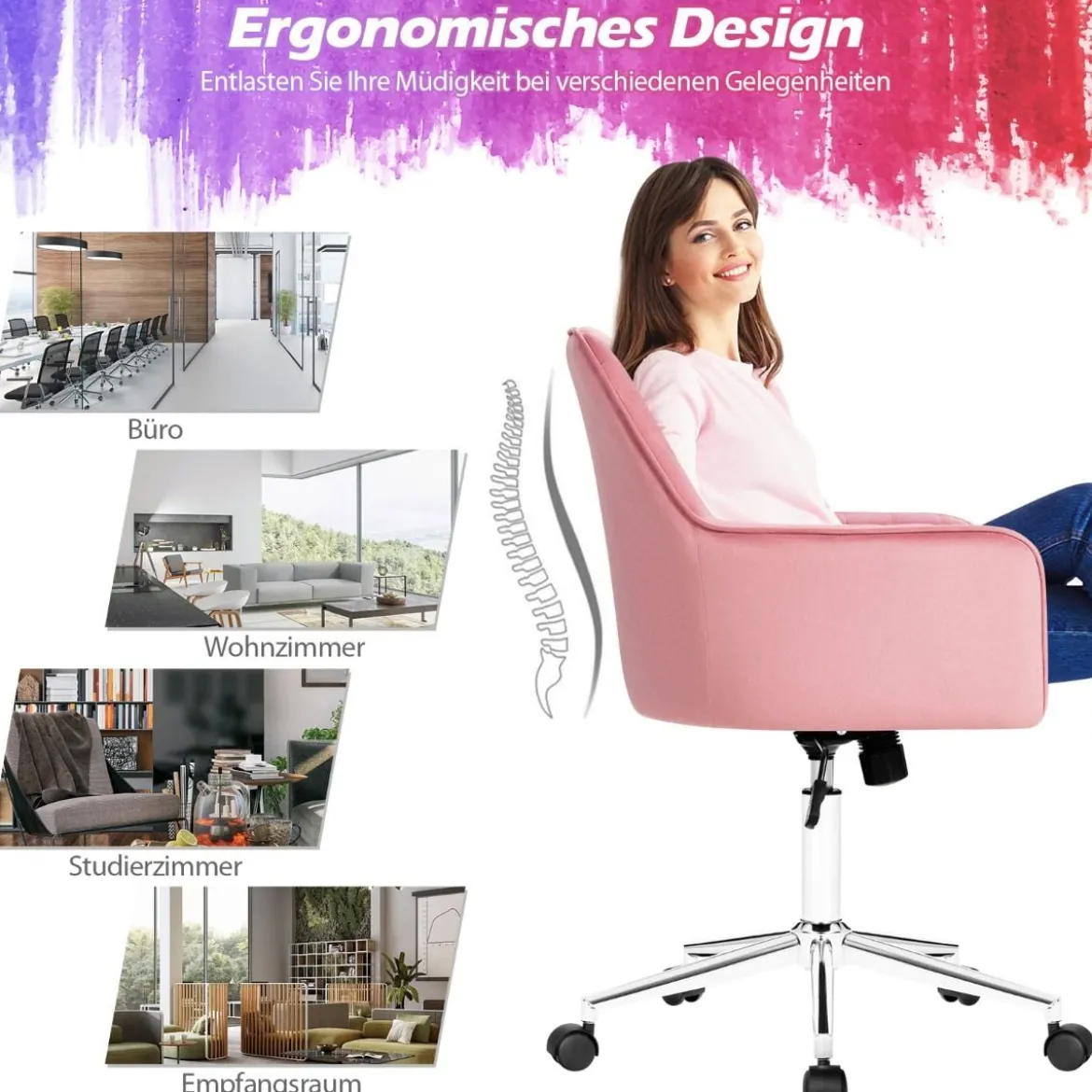 360° Drehbarer Kosmetikstuhl Freizeit-Bürostuhl mit Armlehnen Rosa