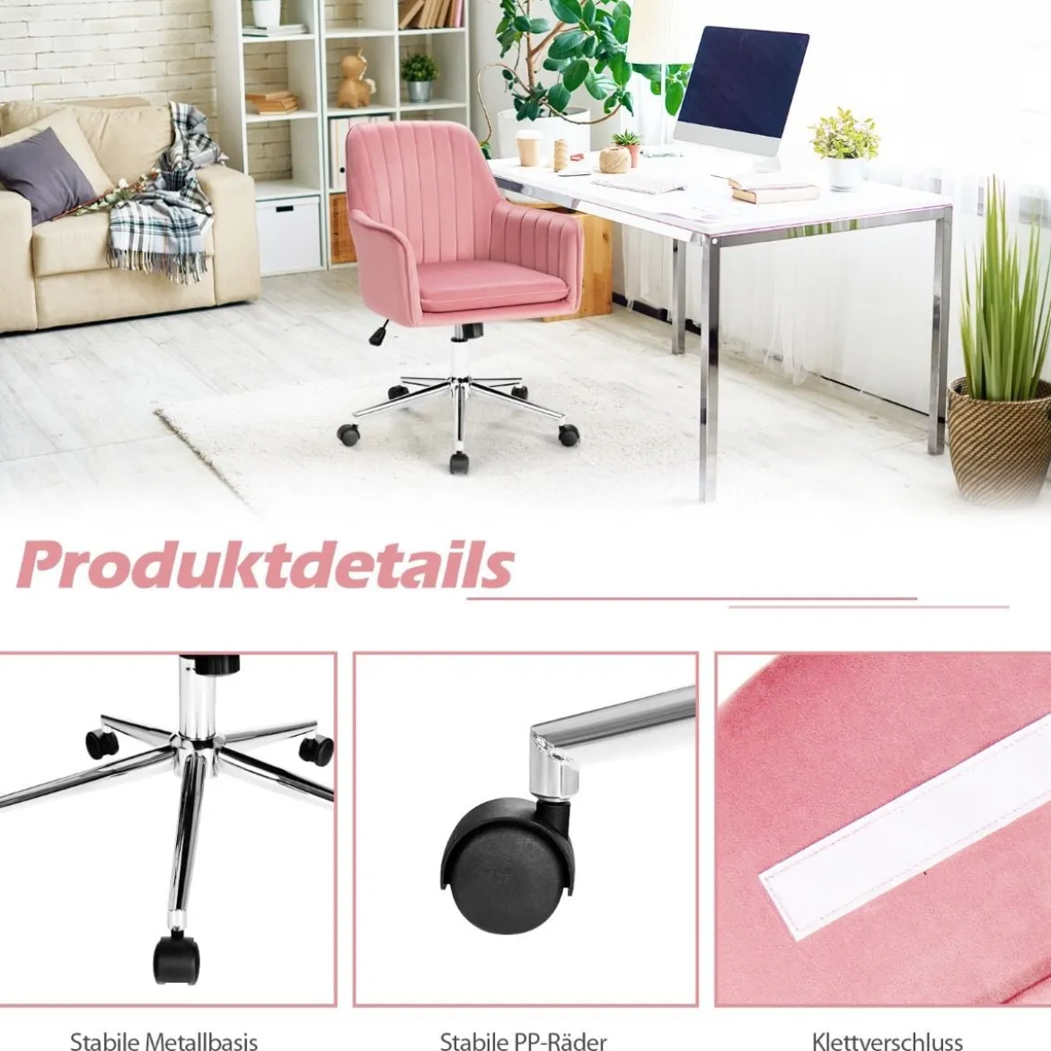 360° Drehbarer Kosmetikstuhl Freizeit-Bürostuhl mit Armlehnen Rosa