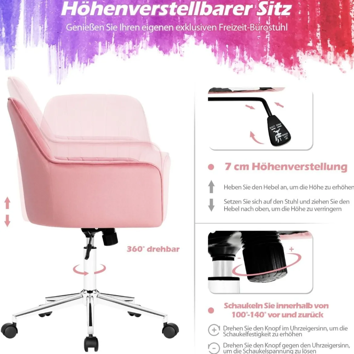 360° Drehbarer Kosmetikstuhl Freizeit-Bürostuhl mit Armlehnen Rosa
