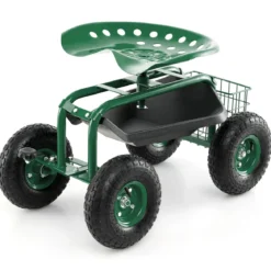 360 ° drehbarer Rollsitz Höhenverstellbar Mobiler Gartensitz mit Ablage & Korb Grün
