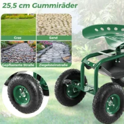 360 ° drehbarer Rollsitz Höhenverstellbar Mobiler Gartensitz mit Ablage & Korb Grün