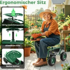 360 ° drehbarer Rollsitz Höhenverstellbar Mobiler Gartensitz mit Ablage & Korb Grün
