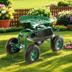 360 ° drehbarer Rollsitz Höhenverstellbar Mobiler Gartensitz mit Ablage & Korb Grün
