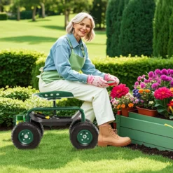 360 ° drehbarer Rollsitz Höhenverstellbar Mobiler Gartensitz mit Ablage & Korb Grün