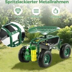 360 ° drehbarer Rollsitz Höhenverstellbar Mobiler Gartensitz mit Ablage & Korb Grün