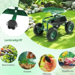 360 ° drehbarer Rollsitz Höhenverstellbar Mobiler Gartensitz mit Ablage & Korb Grün
