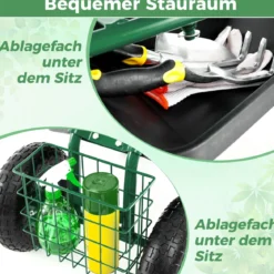 360 ° drehbarer Rollsitz Höhenverstellbar Mobiler Gartensitz mit Ablage & Korb Grün