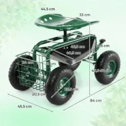 360 ° drehbarer Rollsitz Höhenverstellbar Mobiler Gartensitz mit Ablage & Korb Grün