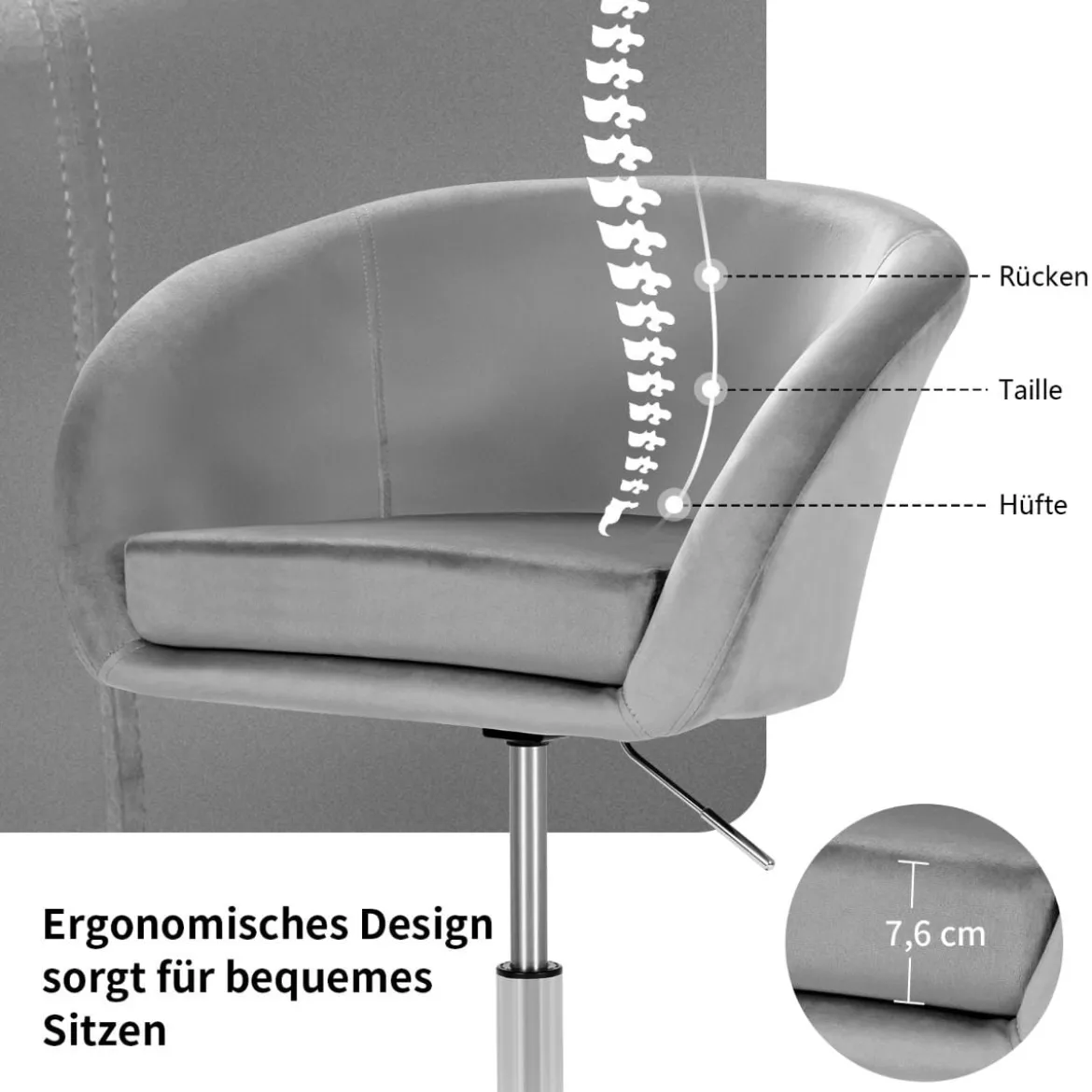 Drehbarer Samtstuhl höhenverstellbarer Barhocker mit runder Rückenlehne & elastischem Sitz Grau