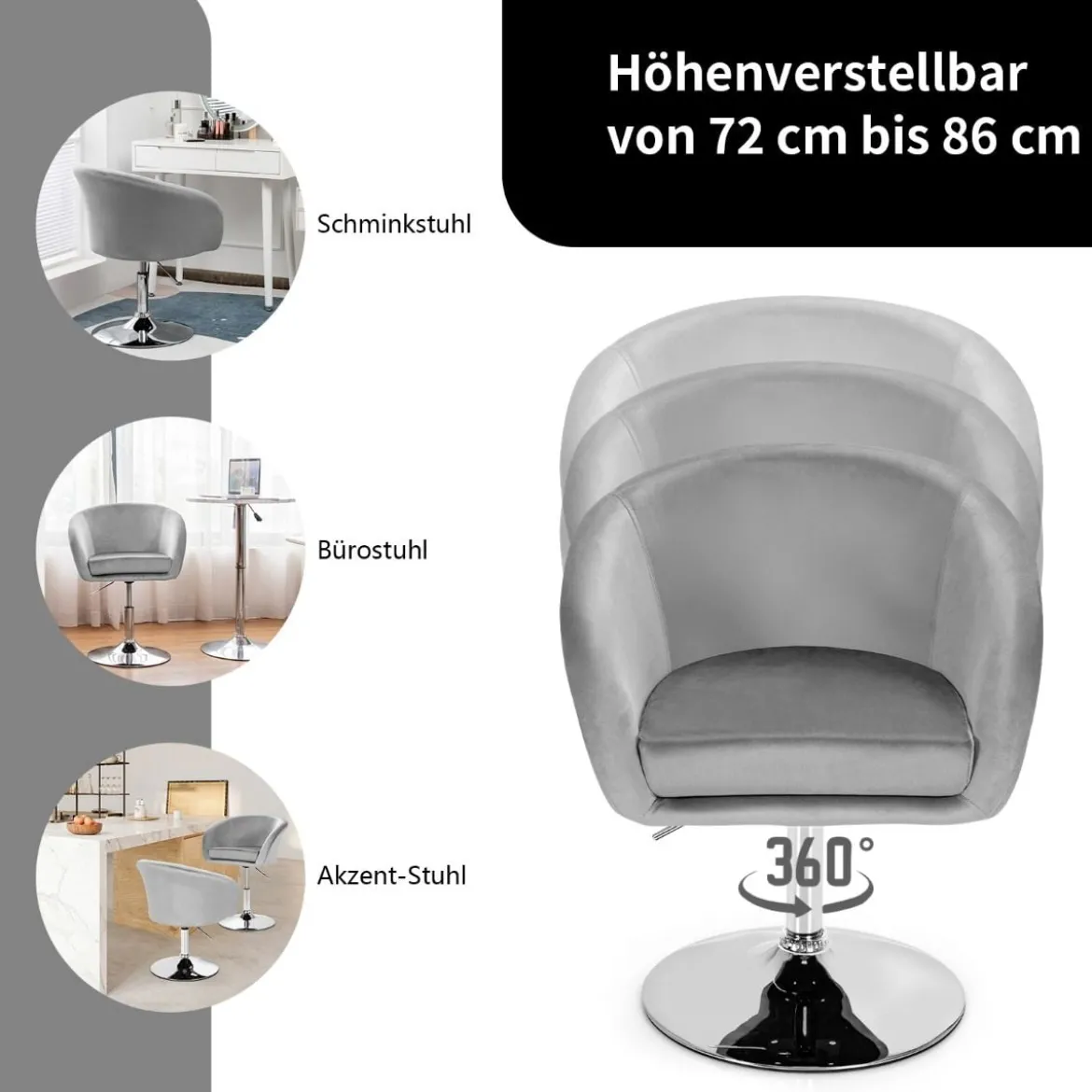 Drehbarer Samtstuhl höhenverstellbarer Barhocker mit runder Rückenlehne & elastischem Sitz Grau