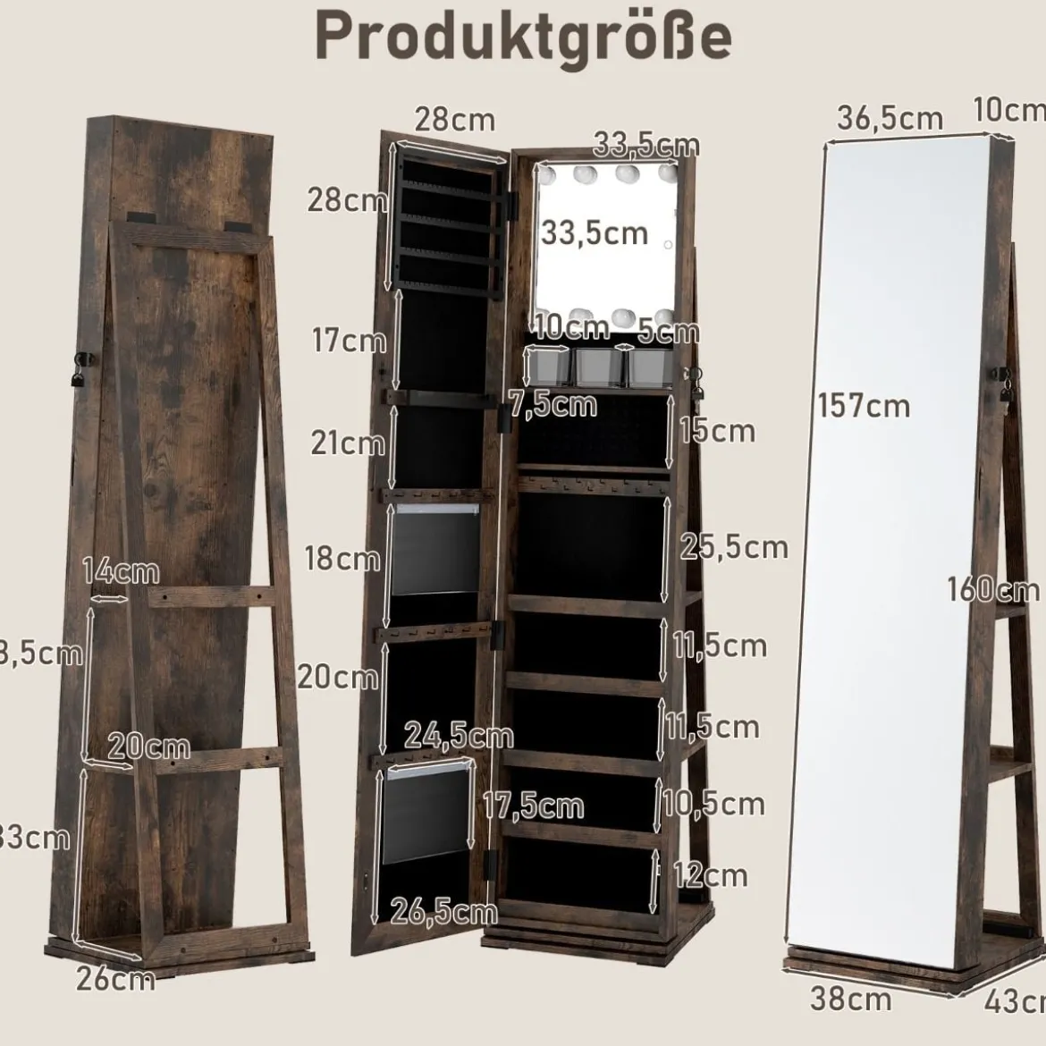 360° Drehbarer Schmuckschrank Freistehender Schmuckorganizer mit Ganzkörperspiegel & Rückregalen Rustikal Braun