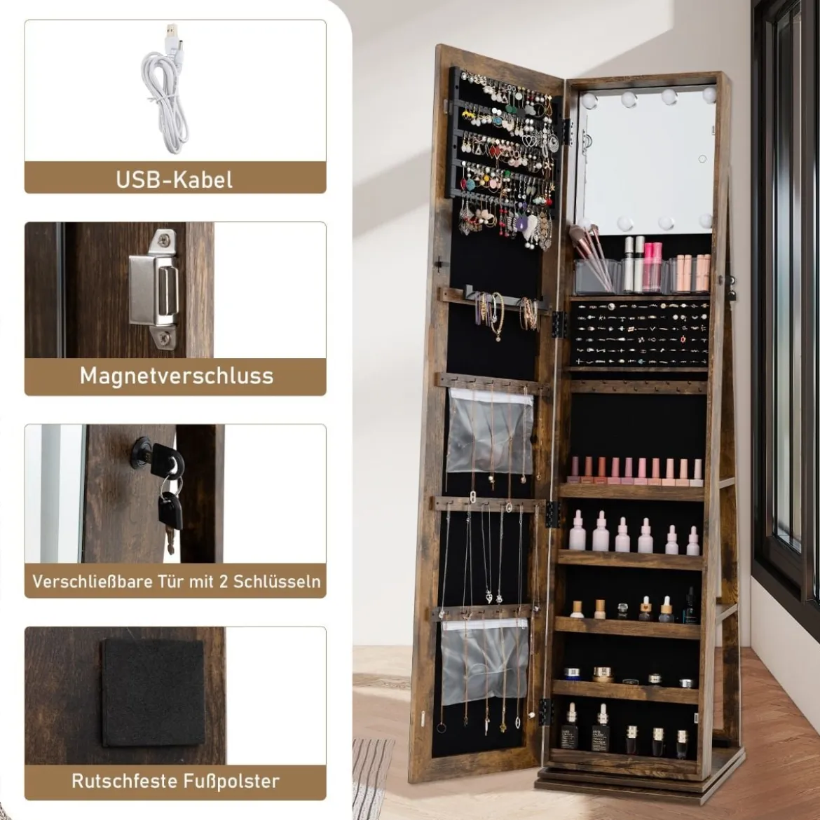 360° Drehbarer Schmuckschrank Freistehender Schmuckorganizer mit Ganzkörperspiegel & Rückregalen Rustikal Braun