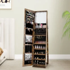360° Drehbarer Schmuckschrank Freistehender Schmuckorganizer mit Ganzkörperspiegel & Rückregalen Rustikal Braun