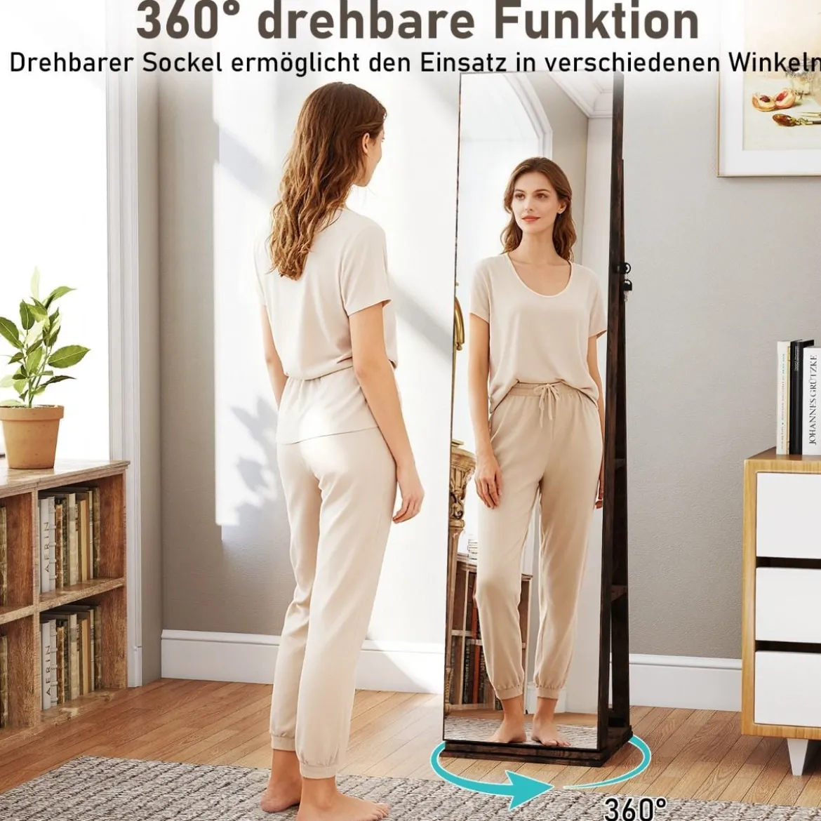 360° Drehbarer Schmuckschrank Freistehender Schmuckorganizer mit Ganzkörperspiegel & Rückregalen Rustikal Braun