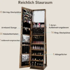 360° Drehbarer Schmuckschrank Freistehender Schmuckorganizer mit Ganzkörperspiegel & Rückregalen Rustikal Braun