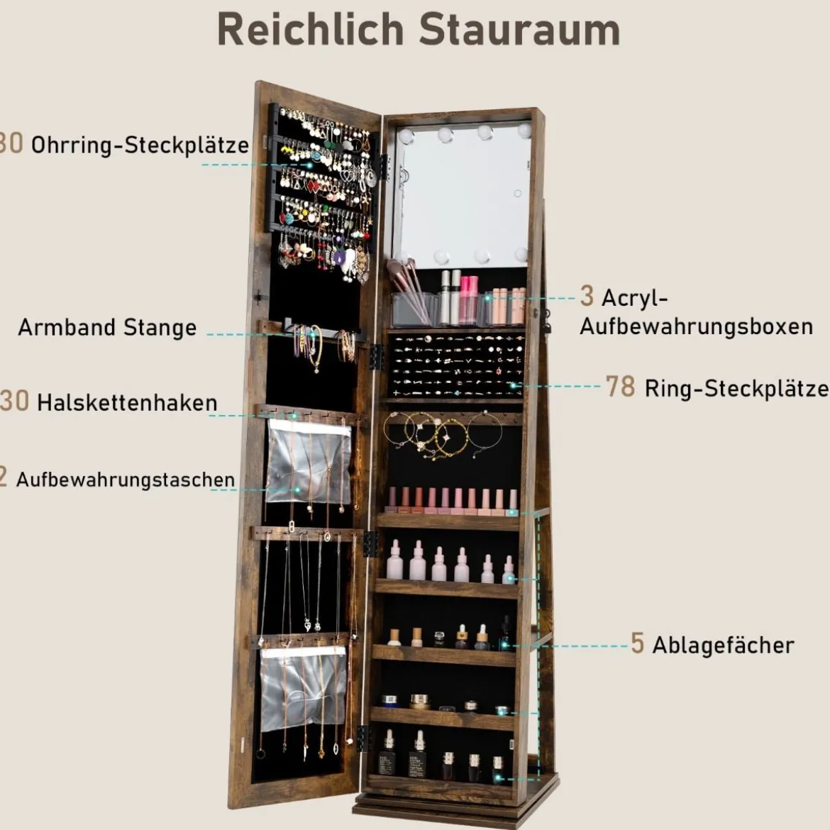 360° Drehbarer Schmuckschrank Freistehender Schmuckorganizer mit Ganzkörperspiegel & Rückregalen Rustikal Braun
