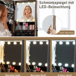 360° Drehbarer Schmuckschrank Freistehender Schmuckorganizer mit Ganzkörperspiegel & Rückregalen Rustikal Braun