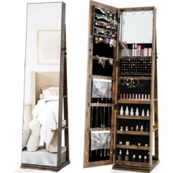 360° Drehbarer Schmuckschrank Freistehender Schmuckorganizer mit Ganzkörperspiegel & Rückregalen Rustikal Braun