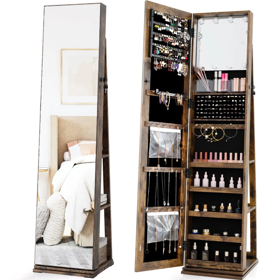 360° Drehbarer Schmuckschrank Freistehender Schmuckorganizer mit Ganzkörperspiegel & Rückregalen Rustikal Braun