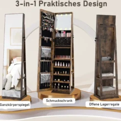 360° Drehbarer Schmuckschrank Freistehender Schmuckorganizer mit Ganzkörperspiegel & Rückregalen Rustikal Braun
