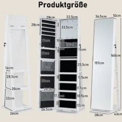 360° Drehbarer Schmuckschrank Freistehender Schmuckorganizer mit Ganzkörperspiegel & Rückregalen Weiß