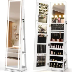 360° Drehbarer Schmuckschrank mit Beleuchtung & Spiegel Spiegelschrank Standspiegel Weiß