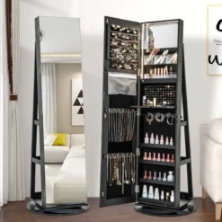 360° Drehbarer Schmuckschrank mit Dreifarbigen LED-Leuchten Freistehender Spiegelschrank