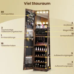 360° Drehbarer Schmuckschrank mit Beleuchtung & Spiegel Spiegelschrank Standspiegel Braun