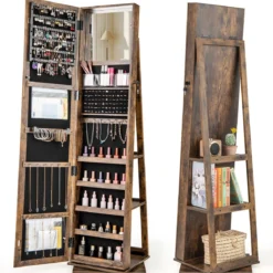 360° drehbarer Schmuckschrank Schmuckorganisator mit Ganzkörperspiegel Rückregalen Spiegelschrank freistehend Vintagebraun