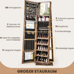 360° drehbarer Schmuckschrank Schmuckorganisator mit Ganzkörperspiegel Rückregalen Spiegelschrank freistehend Vintagebraun