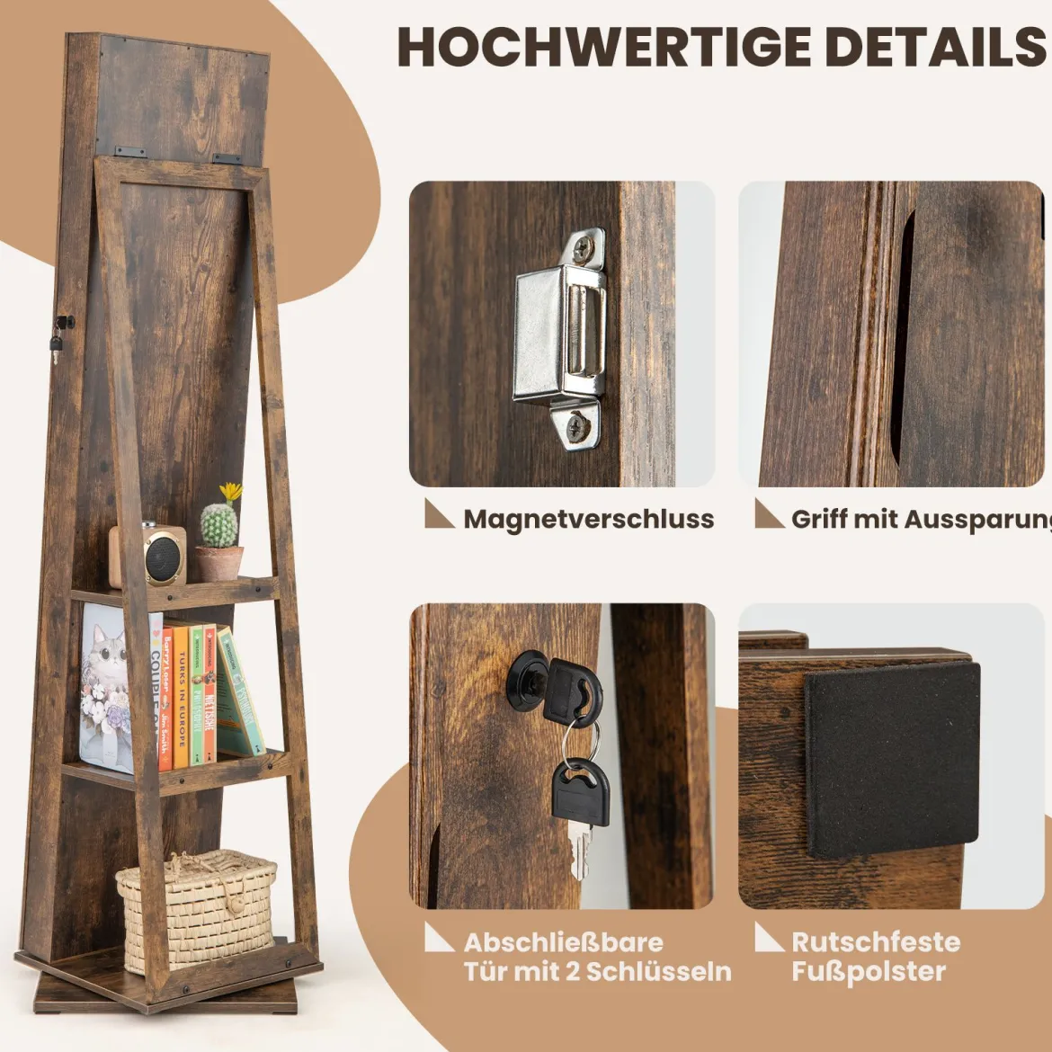 360° drehbarer Schmuckschrank Schmuckorganisator mit Ganzkörperspiegel Rückregalen Spiegelschrank freistehend Vintagebraun