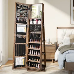 360° drehbarer Schmuckschrank Schmuckorganisator mit Ganzkörperspiegel Rückregalen Spiegelschrank freistehend Vintagebraun