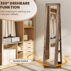 360° drehbarer Schmuckschrank Schmuckorganisator mit Ganzkörperspiegel Rückregalen Spiegelschrank freistehend Vintagebraun