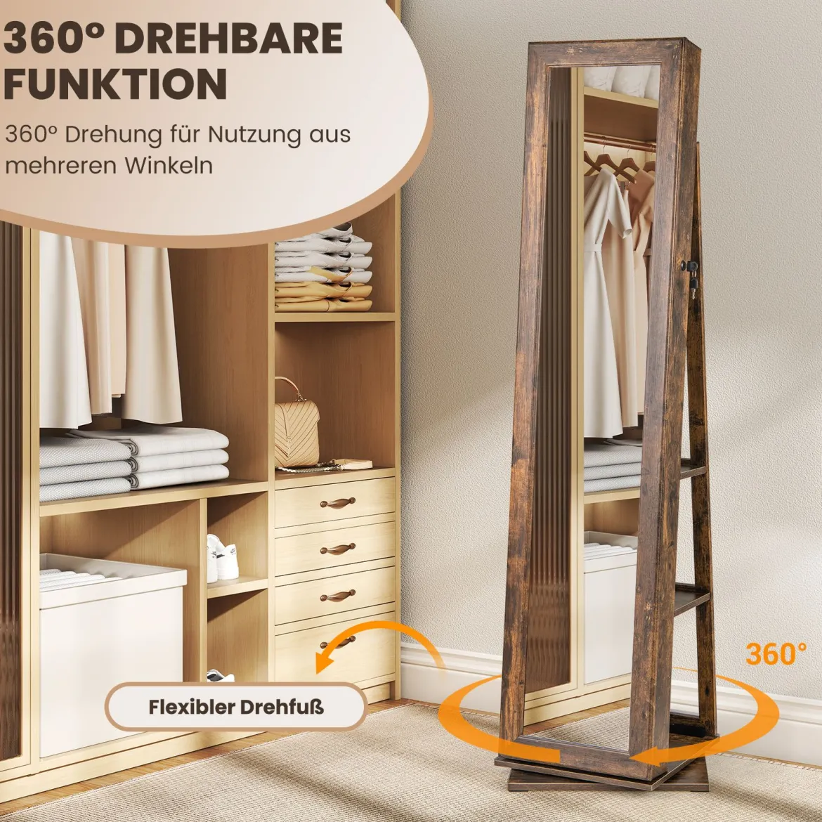 360° drehbarer Schmuckschrank Schmuckorganisator mit Ganzkörperspiegel Rückregalen Spiegelschrank freistehend Vintagebraun