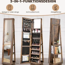 360° drehbarer Schmuckschrank Schmuckorganisator mit Ganzkörperspiegel Rückregalen Spiegelschrank freistehend Vintagebraun