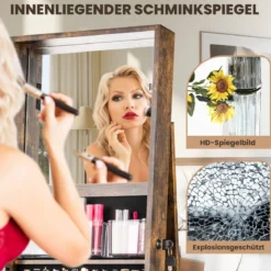 360° drehbarer Schmuckschrank Schmuckorganisator mit Ganzkörperspiegel Rückregalen Spiegelschrank freistehend Vintagebraun