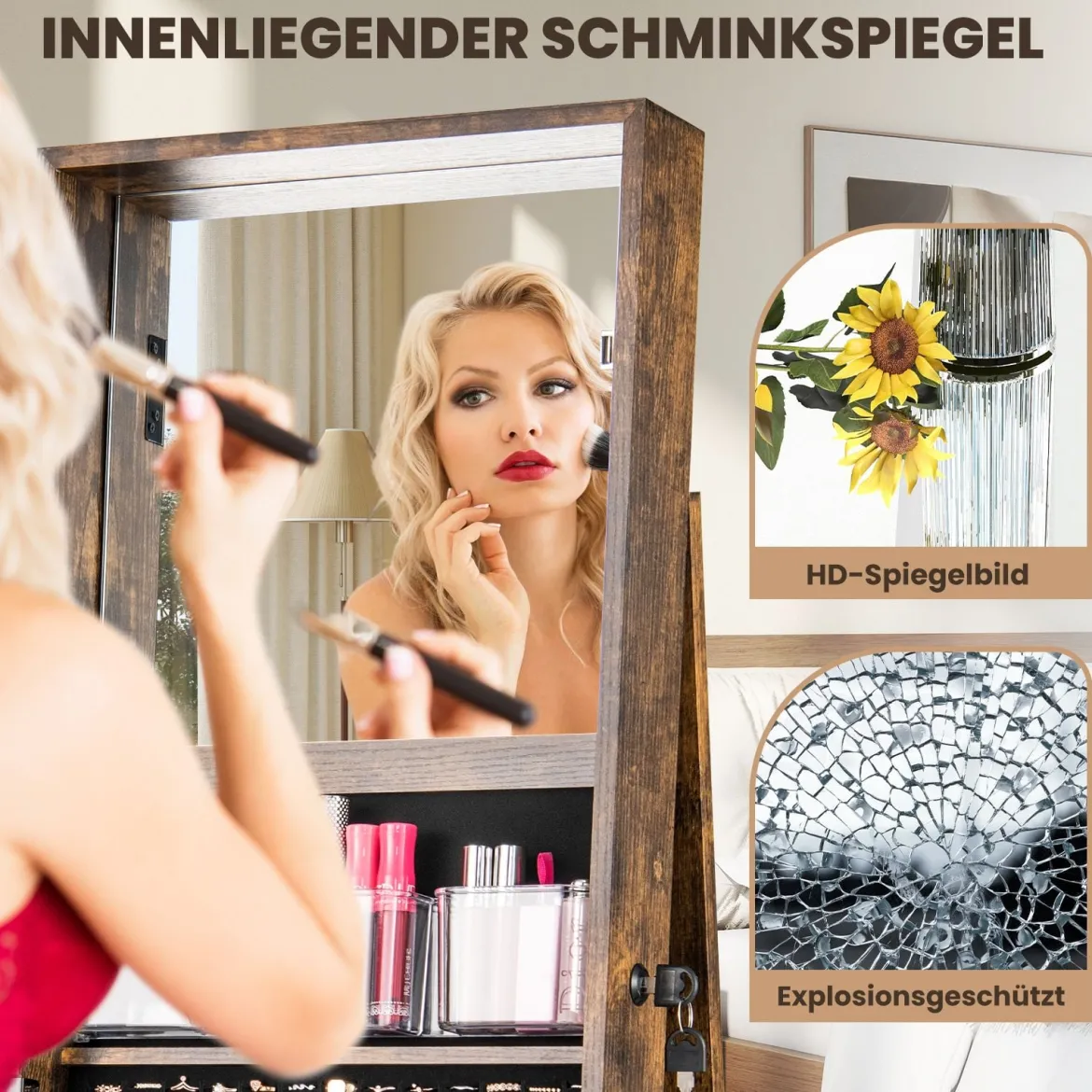 360° drehbarer Schmuckschrank Schmuckorganisator mit Ganzkörperspiegel Rückregalen Spiegelschrank freistehend Vintagebraun