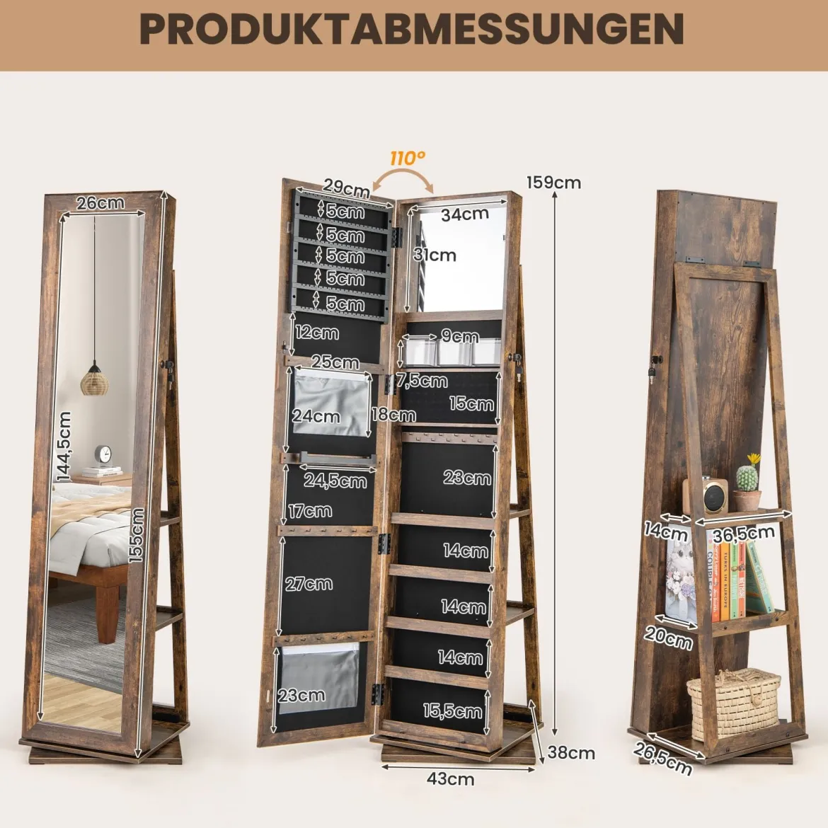 360° drehbarer Schmuckschrank Schmuckorganisator mit Ganzkörperspiegel Rückregalen Spiegelschrank freistehend Vintagebraun