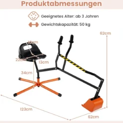 360° Drehbarer Sitzbagger zum Draufsitzen Metall Bagger mit Schaufel & 2-Hand Steuerung Orange
