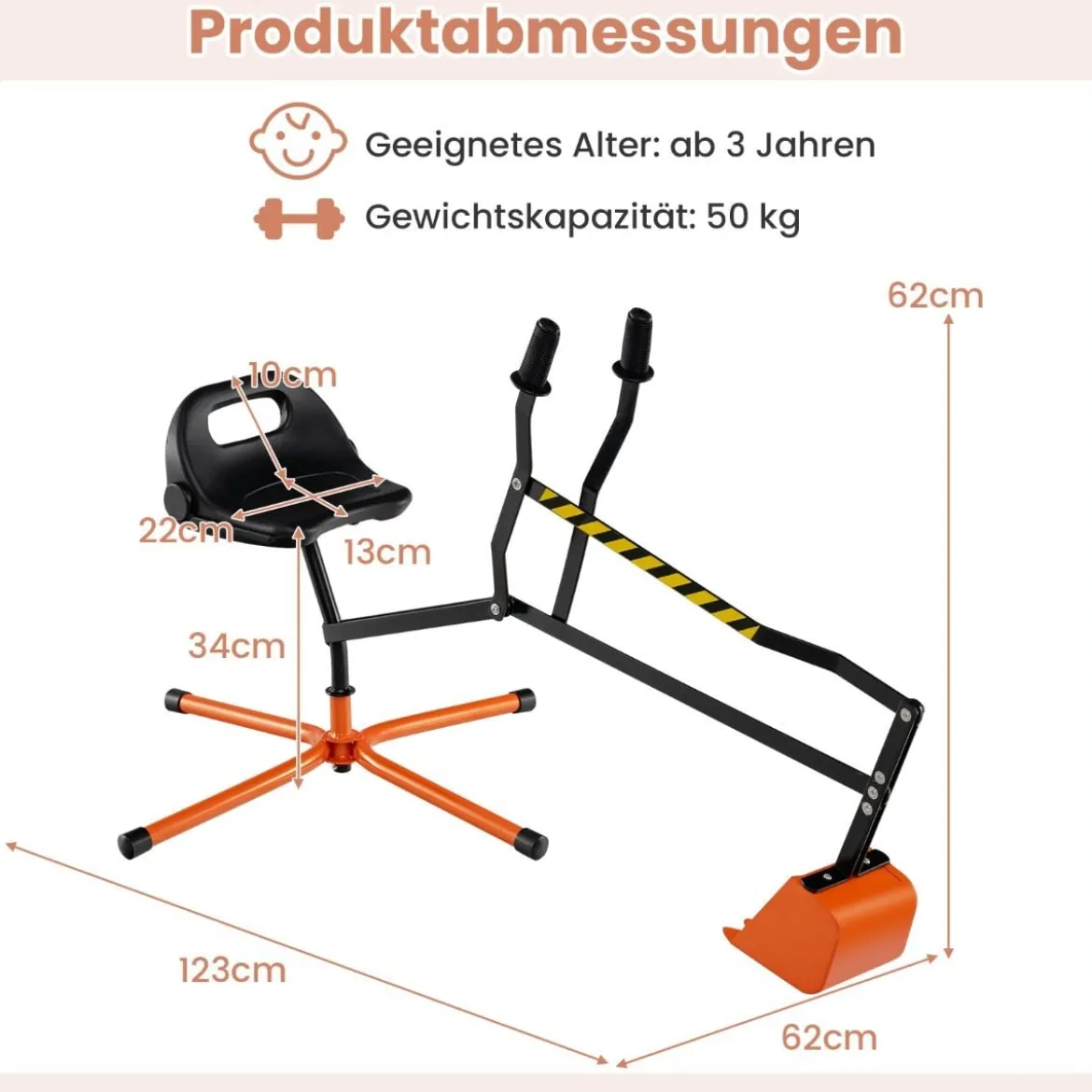 360° Drehbarer Sitzbagger zum Draufsitzen Metall Bagger mit Schaufel & 2-Hand Steuerung Orange
