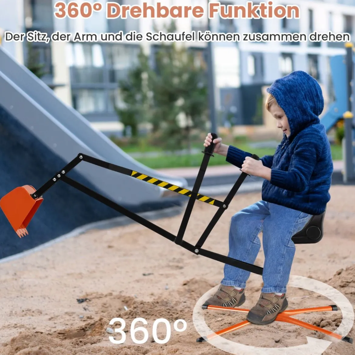 360° Drehbarer Sitzbagger zum Draufsitzen Metall Bagger mit Schaufel & 2-Hand Steuerung Orange