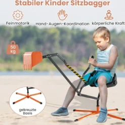 360° Drehbarer Sitzbagger zum Draufsitzen Metall Bagger mit Schaufel & 2-Hand Steuerung Orange